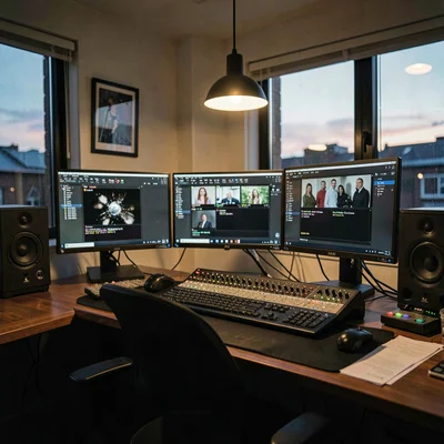Atmospheric photo of a music supervisor's office at dusk with monitor walls show