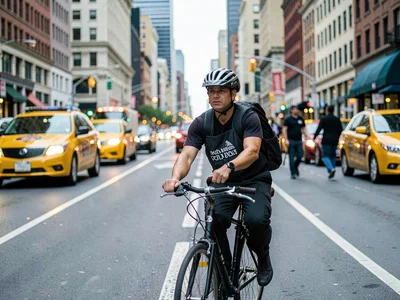 Bike messenger through city traffic