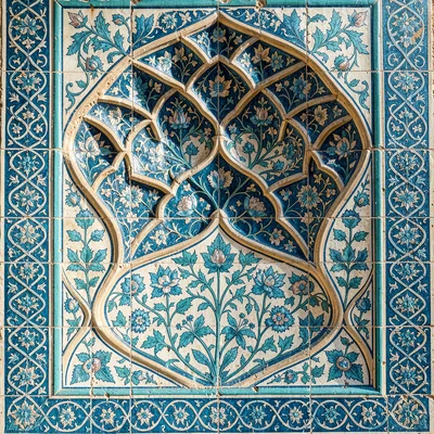 Isfahan Safavid tilework, turquoise geometric infinity, Floral arabesque panel i