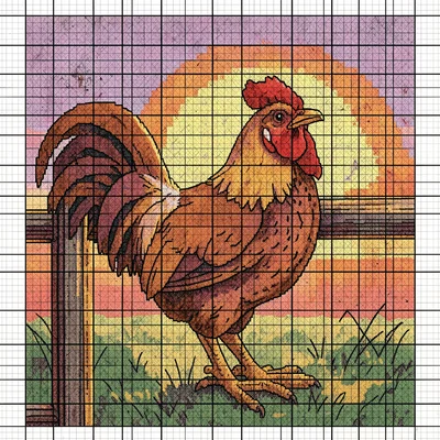 Cross-stitch rooster at dawn