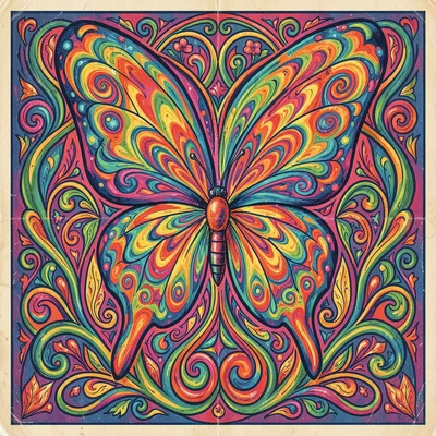 Psychedelic poster illustration, a butterfly with wings of vibrating patterns , 
