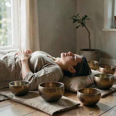Soft natural light photograph, Sound bath with singing bowls, person lying down 