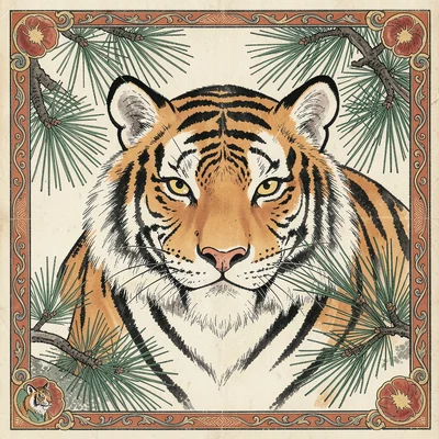 Tiger face close-up, frontal and slightly amused, surrounded by pine needles