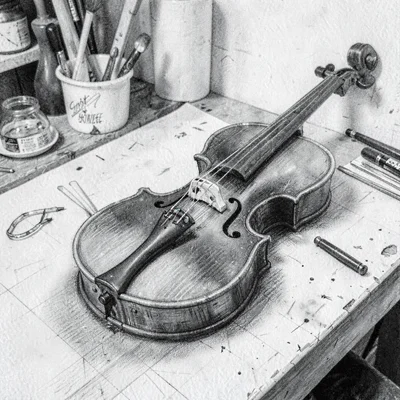 Charcoal study of a violin lying on its back on a workbench, soft graphite halo
