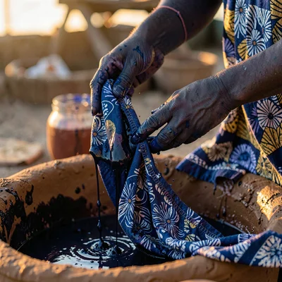 Saturated textile-rich photograph, Hands stained deep blue from indigo dyeing, p