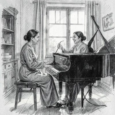 Indira-banerjee sketch of a pianist accompanying a vocalist in a sunlit drawing