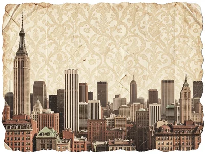City skyline but sky is replaced with vintage wallpaper pattern, paper texture e