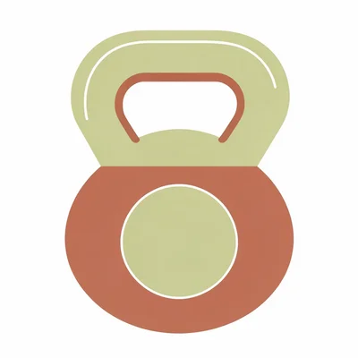Geometric vector tile of a kettlebell rendered in flat pistachio and rust on a c