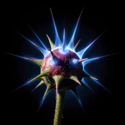 A seed pod with sharp points, each tip with a hot blue-white corona spike