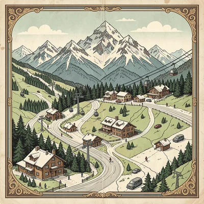 Illustrated map illustration, Ski resort with chairlifts, chalets, and peaks , p