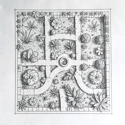 hand-drawn garden plan with bed icons and pathways, no text