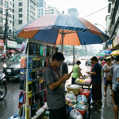 Documentary photograph of megacity life, dense urban scene, A mobile phone acces