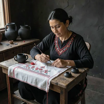 Through Oaxacan black clay vision, barro negro consciousness, A woman embroideri