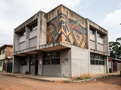 Brutalist concrete building with Ndebele geometric mural, South African township