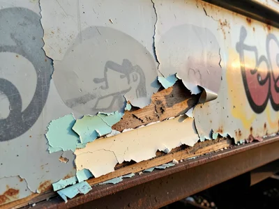 Railroad car side, multiple graffiti layers partially scraped, ghost images bene