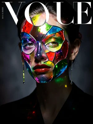 Glass face filled with colored liquid, like stained glass, backlit