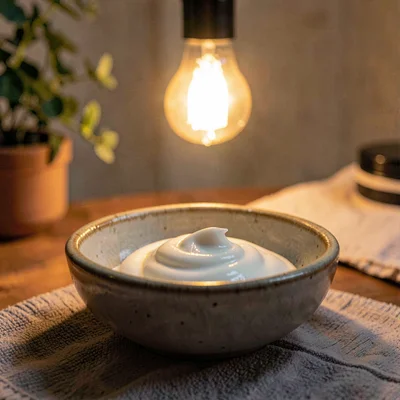 Cozy atmospheric of a small ceramic bowl with skincare cream, single warm bulb p