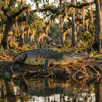 Atmospheric photograph with Louisiana bayou sensibility, Alligator basking on a 