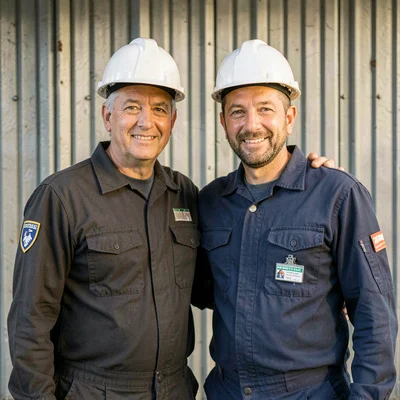 Lamp-line group portrait of two operators shoulder to shoulder against a corruga