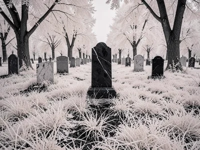 Cemetery in infrared where all the grass is white and the marble is black, death