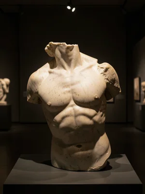 A fragmentary torso, missing head and arms, the musculature carved with anatomic