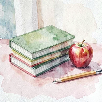 Painted gouache scene of stacked schoolbooks, an apple, and a pencil on a soft p