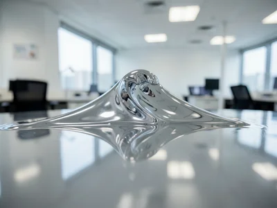 Chrome wave cresting in slow motion, office environment reflected in its surface