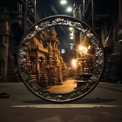 Photo In a noisy city street a mirror reflects the qu