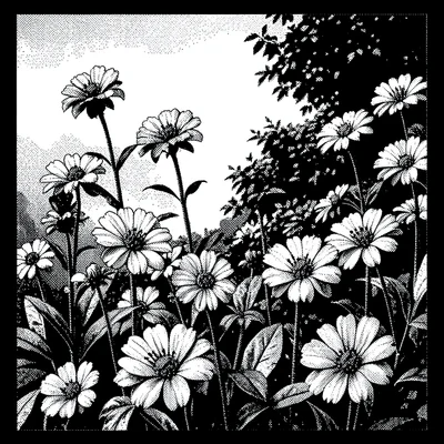 1-bit dithered illustration, flowers in garden , black and white only, dither pa