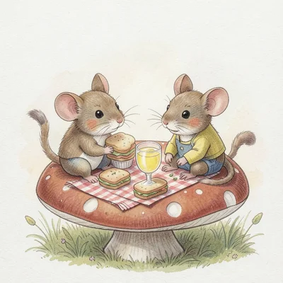 A mouse family having a picnic on a mushroom cap, tiny sandwiches and a thimble 