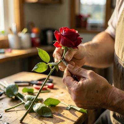 Side-lit portrait of a florist's hands wiring a single rose stem, careful detail