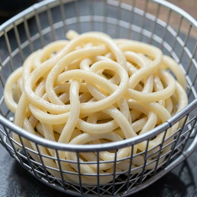 Macro of fresh ramen noodles in a wire basket, springy curls