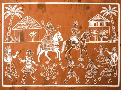 Wedding procession — bride and groom on horseback with dancing figures alongside