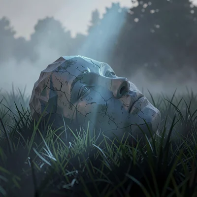 Cracked faceted statue head lying half-buried in misty grass with a single shaft