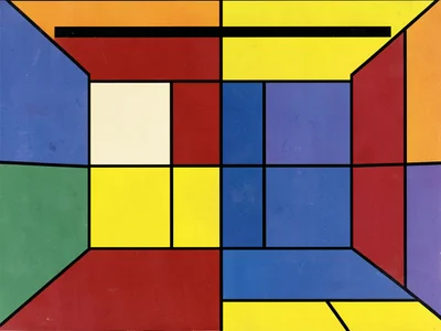 Interior room view reduced to colored wall planes, floor rectangle, ceiling bar