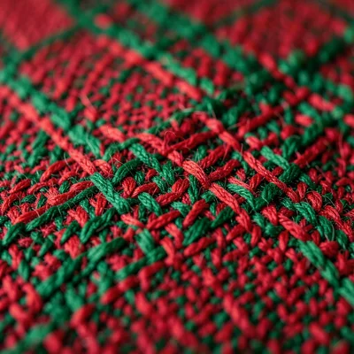 Close-up of tartan plaid textile in Christmas red and green, wool weave