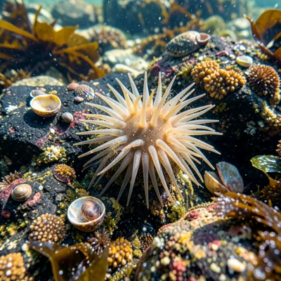 Barnacle feeding, cirri extended from shell opening, feathery appendages combing