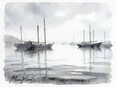 Morning fog in a harbor, boat masts emerging from the grey, the water a flat was