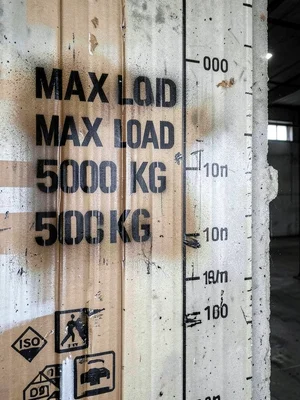 A concrete warehouse pillar with hand-painted capacity markings — MAX LOAD 5000 