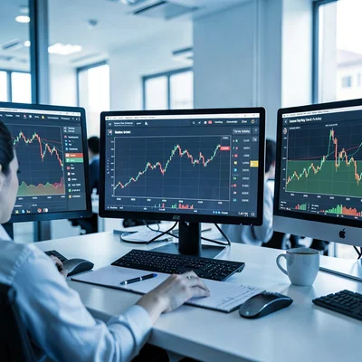 Editorial photograph, Multiple monitors showing trading dashboards and market da