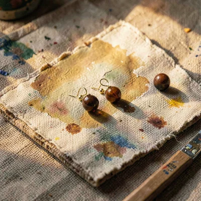 Warm scatter of three small earrings on a worn linen pad, deep amber sidelight
