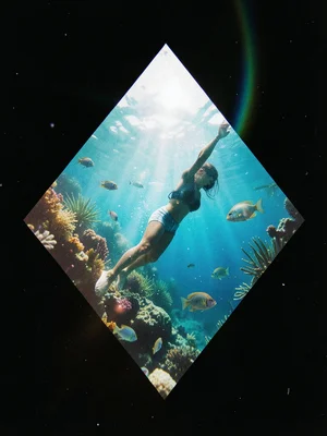 Person diving merged with tropical fish underwater scene, layered exposure