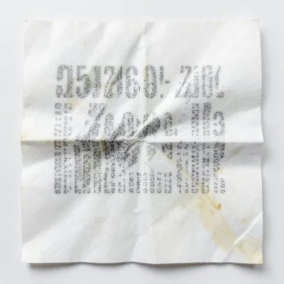 Crumpled thermal receipt smoothed flat, crease lines creating white streaks thro