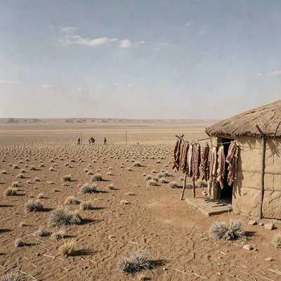 Gobi steppe horizontal, Mongolian vastness, Dried meat strips hanging to cure ou