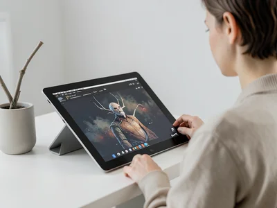 Person using a drawing tablet, digital art on the screen, creative studio setup