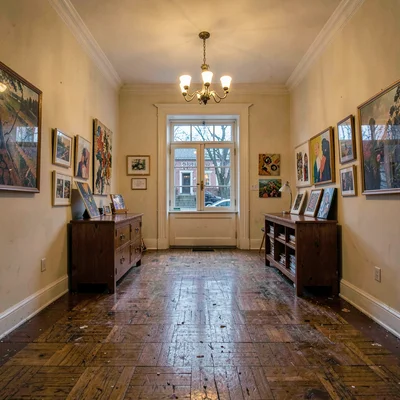 Atmospheric photo of a community arts center lobby at dusk with worn parquet flo
