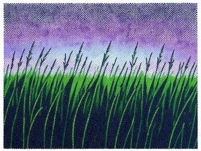 Field of tall grass at dusk, green-violet oscillation across the entire surface