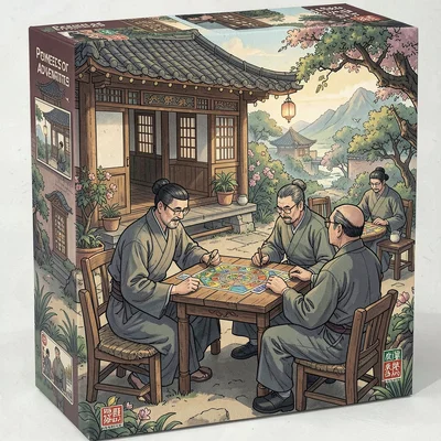 Board game box illustration, a tea house and garden in ancient China, scholars p