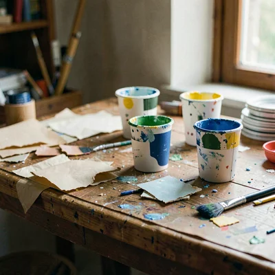 atmospheric craft table with paper scraps and washable paint cups