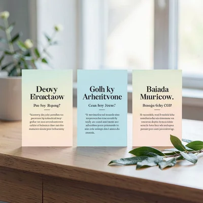 Editorial layout of three pull-quote cards arranged on a desk with a sprig of la